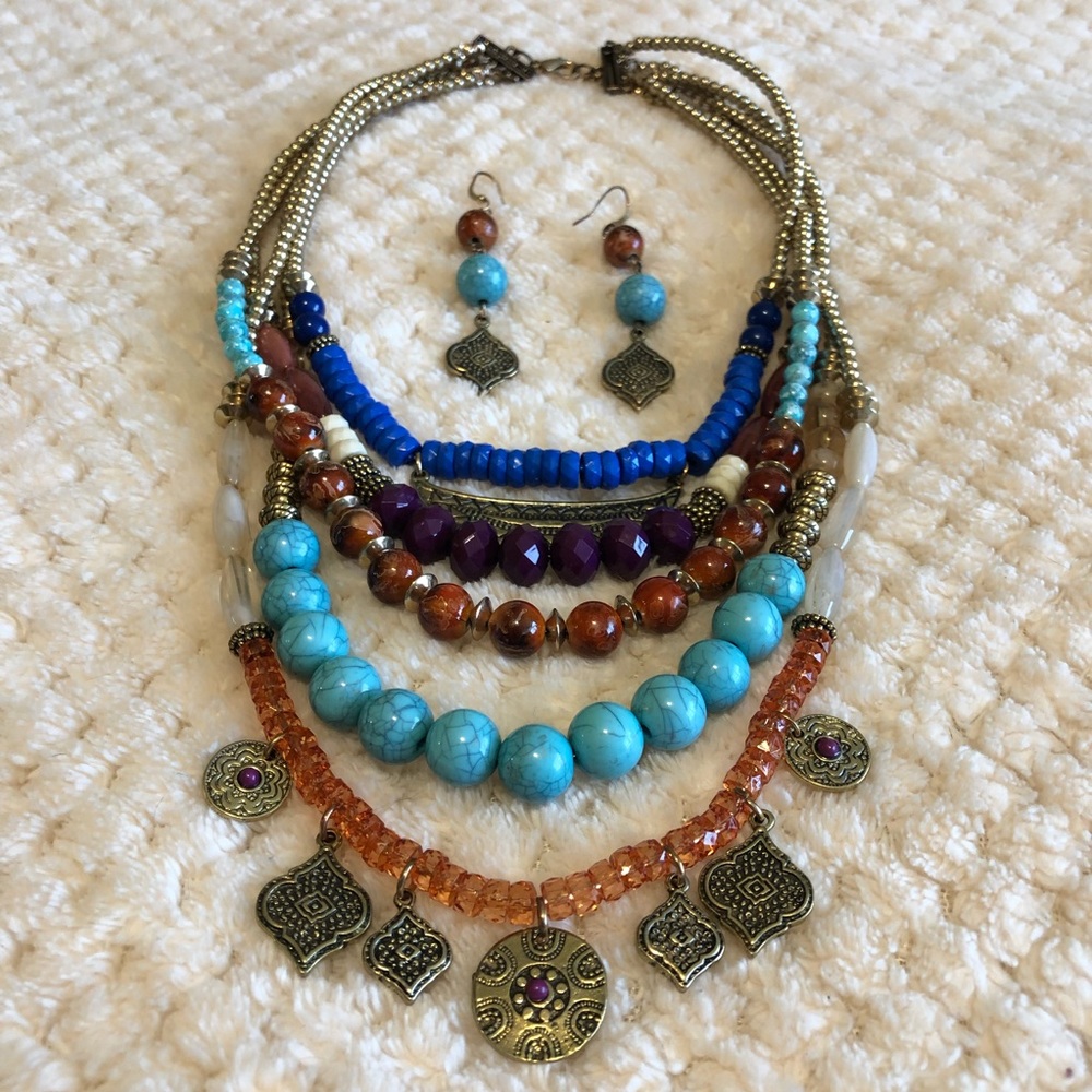 Multi layered necklace with matching earrings